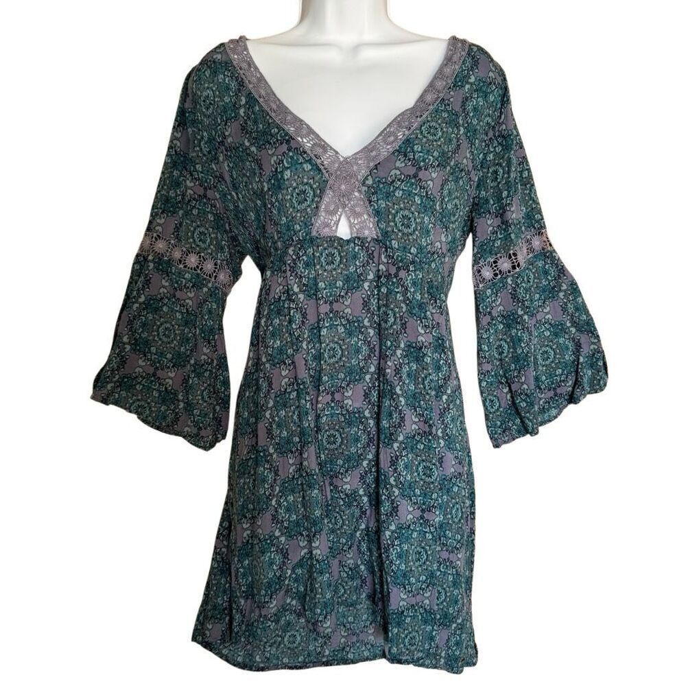 O’Neill V-Neck Crochet Trim Boho Medallion Mini Dress XL